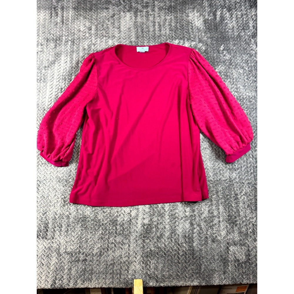 CeCe Knit Blouse Top Womens Large Hot Pink Clip Dot Textured Preppy Puff Sleeve